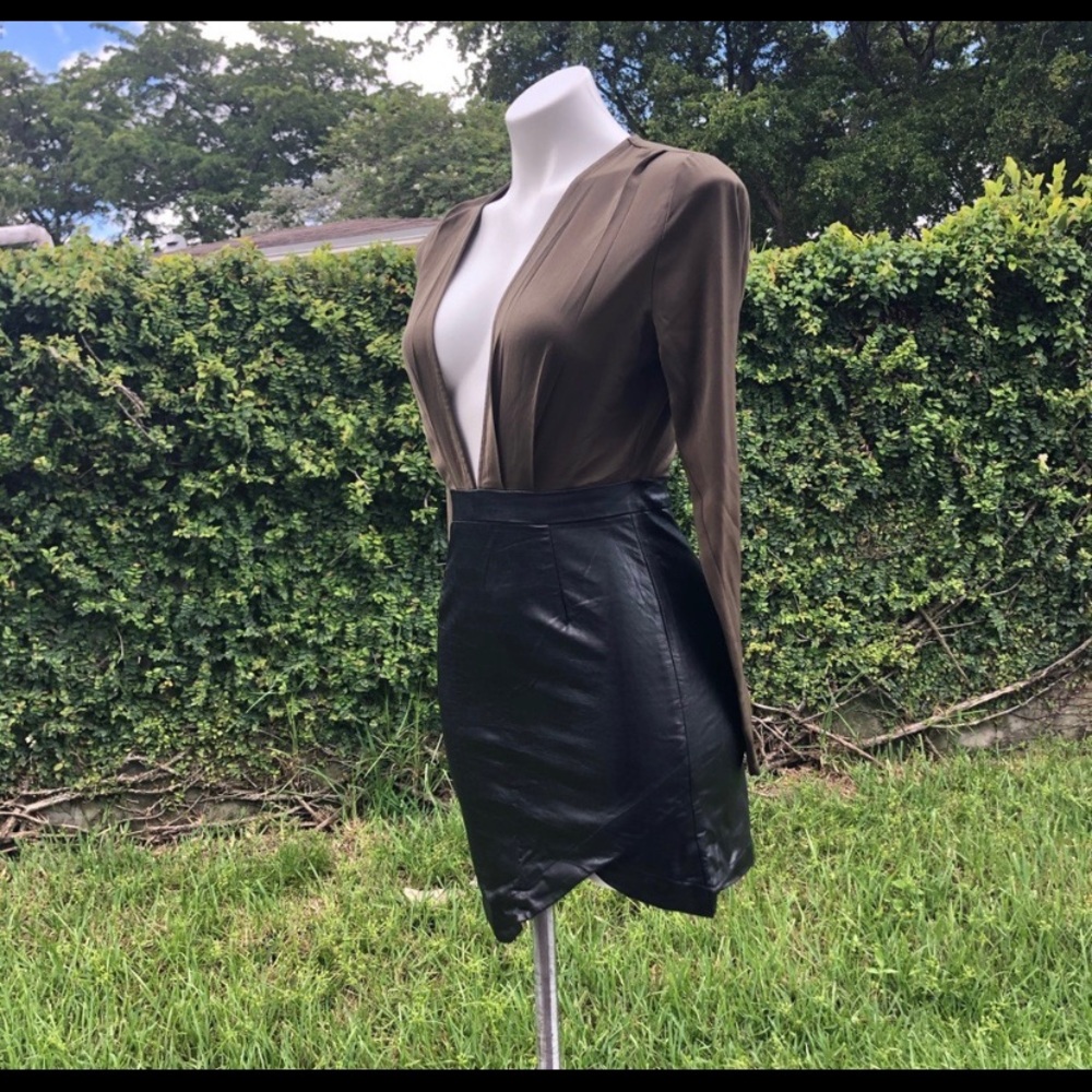 V neck plunge with leather skirt dress